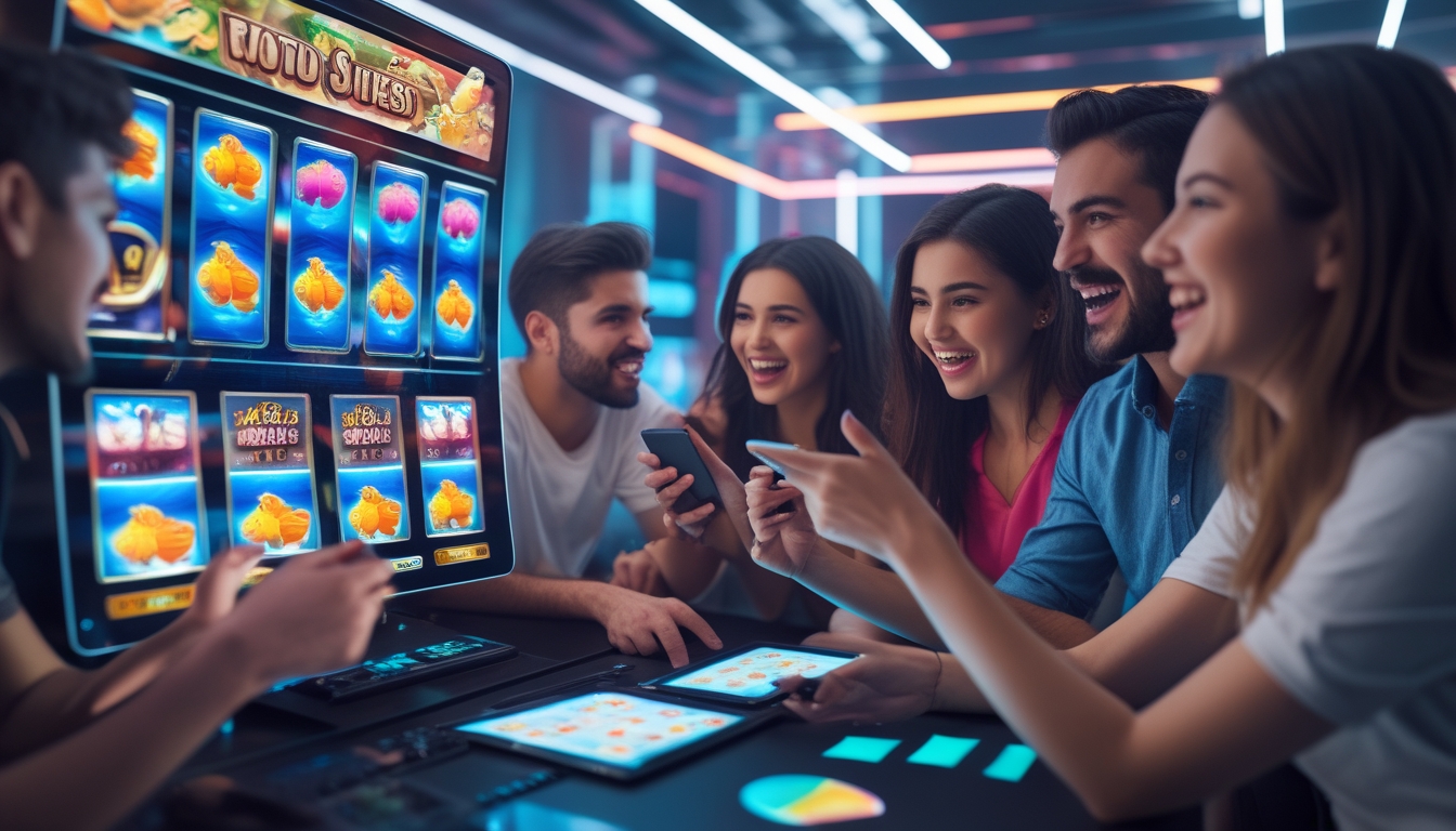 Sekelompok orang muda bermain game slot dan tembak ikan di perangkat digital dengan latar belakang futuristik dan warna cerah.