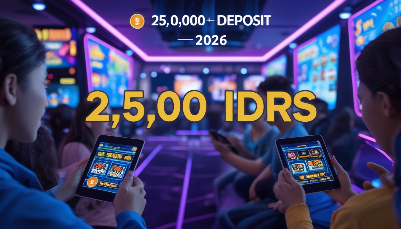 Sekelompok orang muda sedang bermain game slot dan tembak ikan di perangkat digital dalam ruangan dengan pencahayaan biru dan ungu.