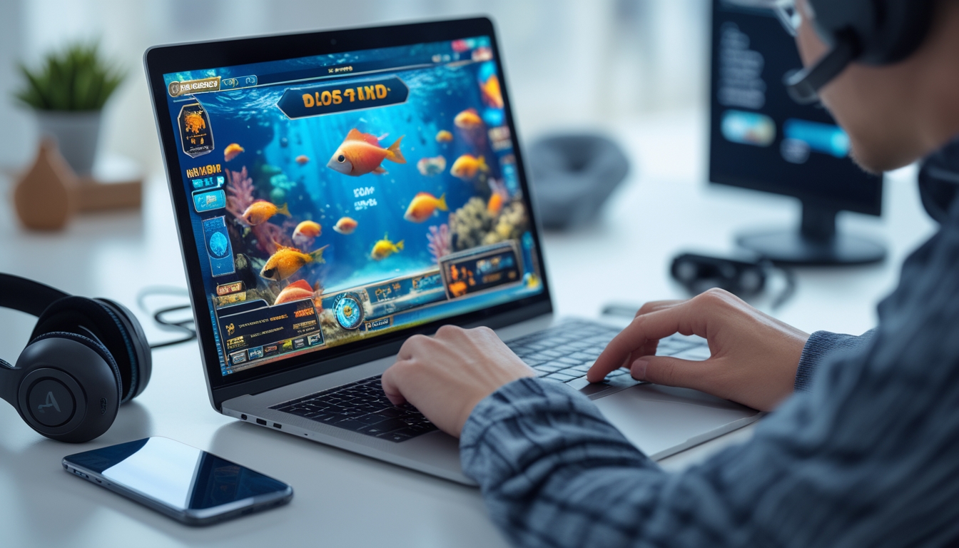 Seseorang menggunakan komputer dengan tampilan permainan tembak ikan di layar, menunjukkan aktivitas judi online.