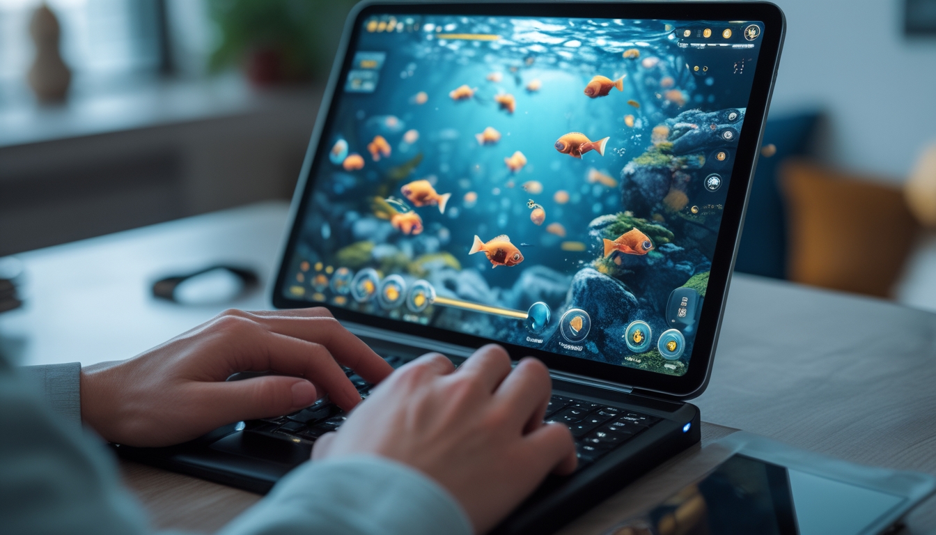 Seseorang bermain game tembak ikan di perangkat digital dengan latar belakang ruangan yang nyaman.