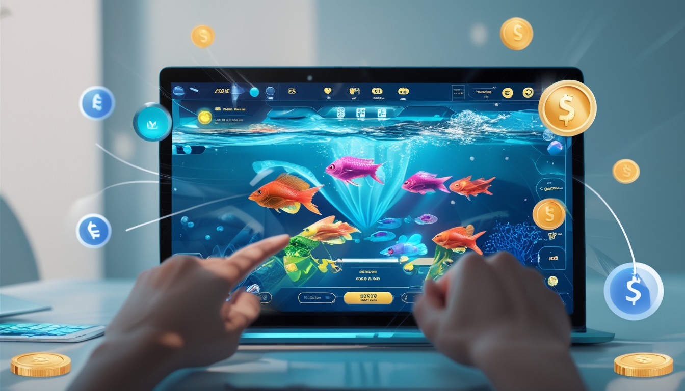 Tampilan layar perangkat dengan permainan tembak ikan online berwarna-warni dan elemen transaksi digital di sekitarnya.