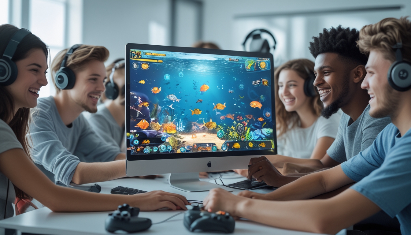 Sekelompok orang muda bermain game tembak ikan online di depan komputer dengan latar belakang grafis ikan berwarna-warni.