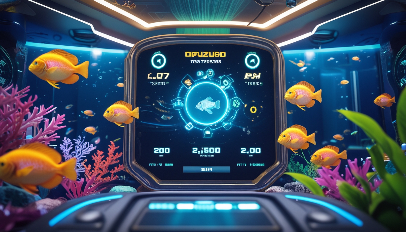Adegan permainan tembak ikan dengan ikan tropis berwarna-warni dan elemen jackpot di latar bawah laut.