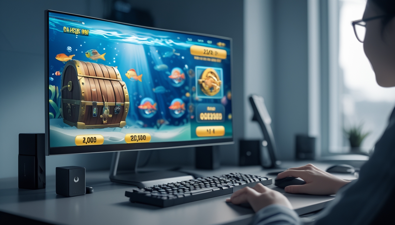 Seseorang bermain game slot tembak ikan di komputer dengan tampilan grafik ikan warna-warni dan suasana meja kerja yang rapi.
