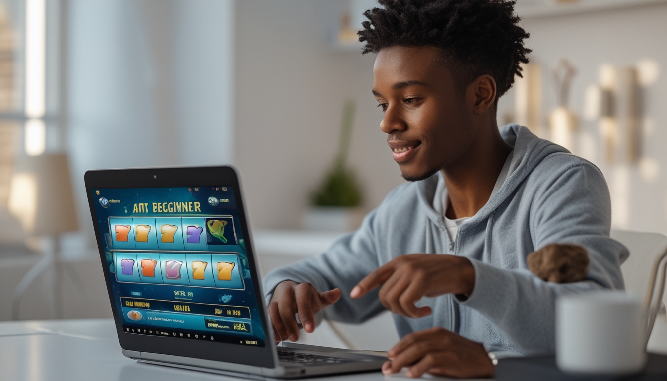 Seorang pemula bermain game slot online di laptop di ruang tamu yang nyaman.