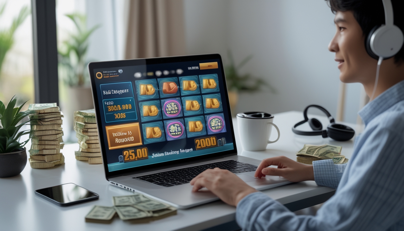 Seorang pemula duduk di meja dengan laptop yang menampilkan permainan slot online, suasana nyaman dan fokus di ruang kerja rumah.
