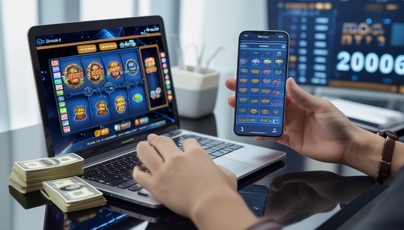 Seorang pemain menggunakan laptop dan ponsel untuk bermain mesin slot online dengan uang tunai di meja.