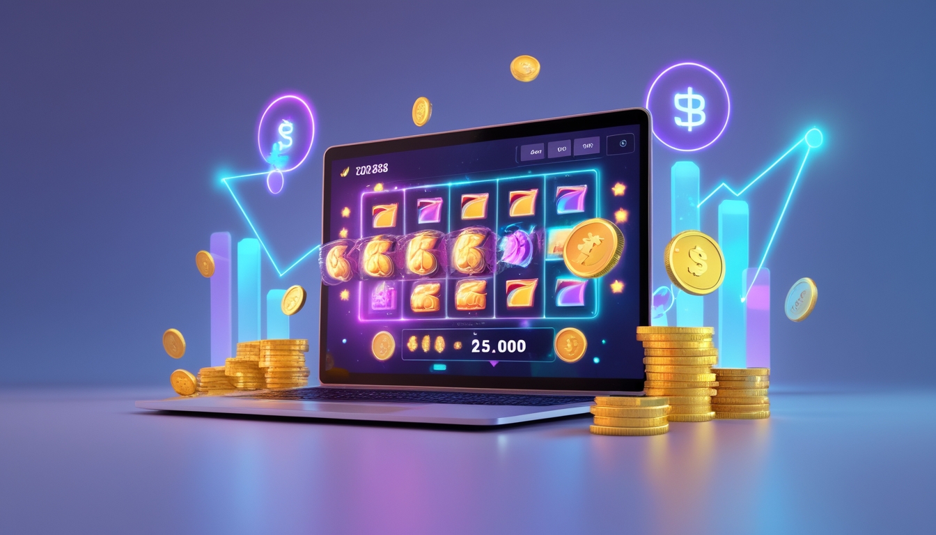 Sebuah laptop atau ponsel menampilkan permainan slot online dengan simbol warna-warni dan koin emas di sekitarnya.