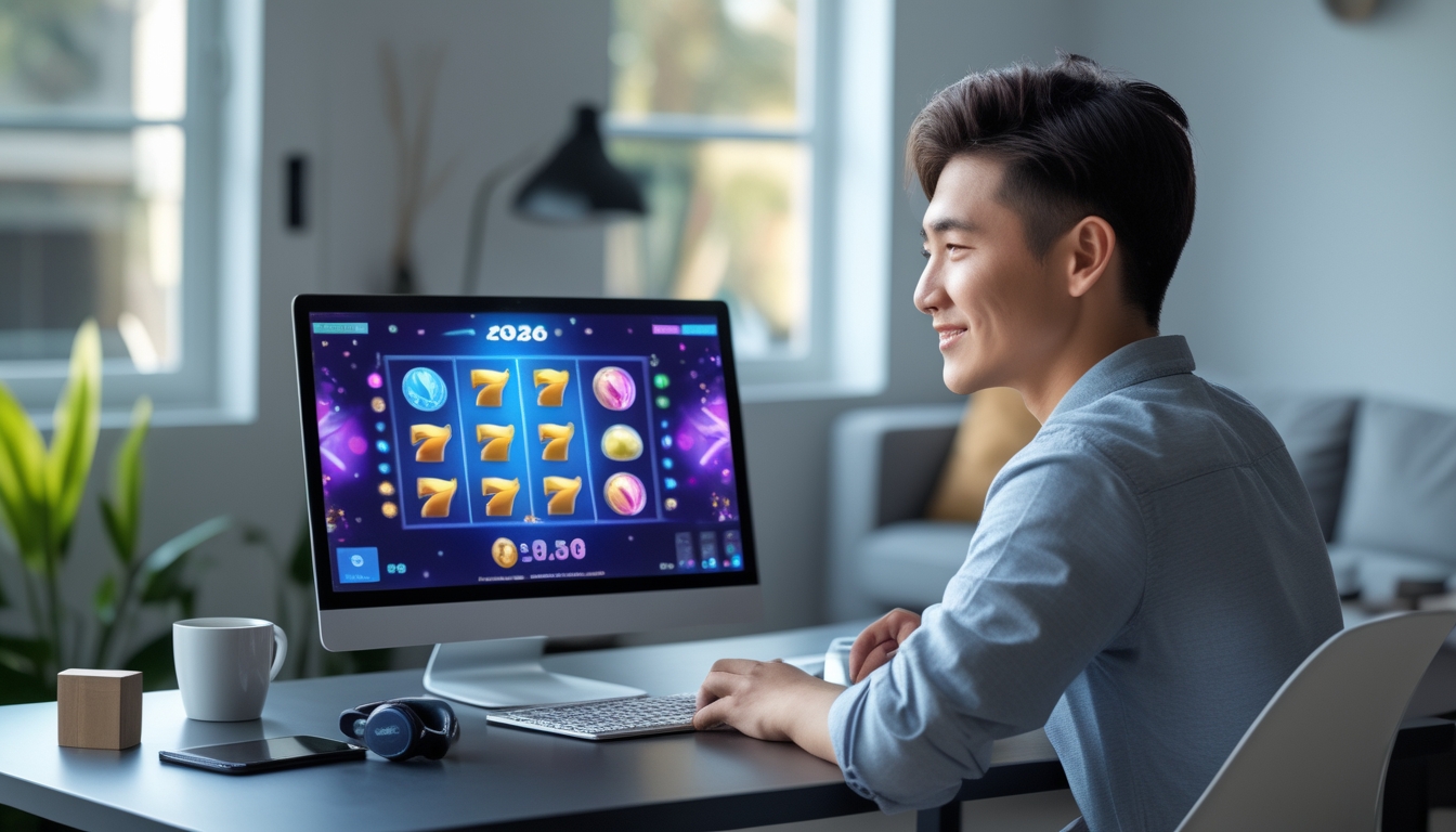 Seorang pemain muda duduk di meja rumah dengan laptop yang menampilkan permainan slot online berwarna-warni, terlihat fokus dan tersenyum di ruangan yang terang dan rapi.