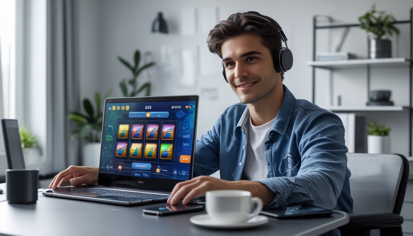 Seorang pemain muda sedang bermain game slot online di laptop di ruang kerja yang rapi dan terang.