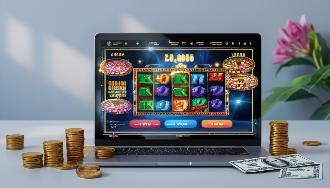 Seseorang menggunakan laptop atau ponsel dengan tampilan mesin slot online berwarna-warni, dikelilingi tumpukan koin dan uang 25 ribu rupiah.