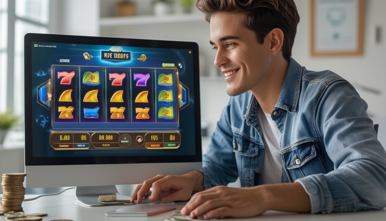 Seorang dewasa muda duduk di meja kerja dengan laptop yang menampilkan permainan slot online, terlihat fokus dan optimis dengan tumpukan uang kecil di sampingnya.