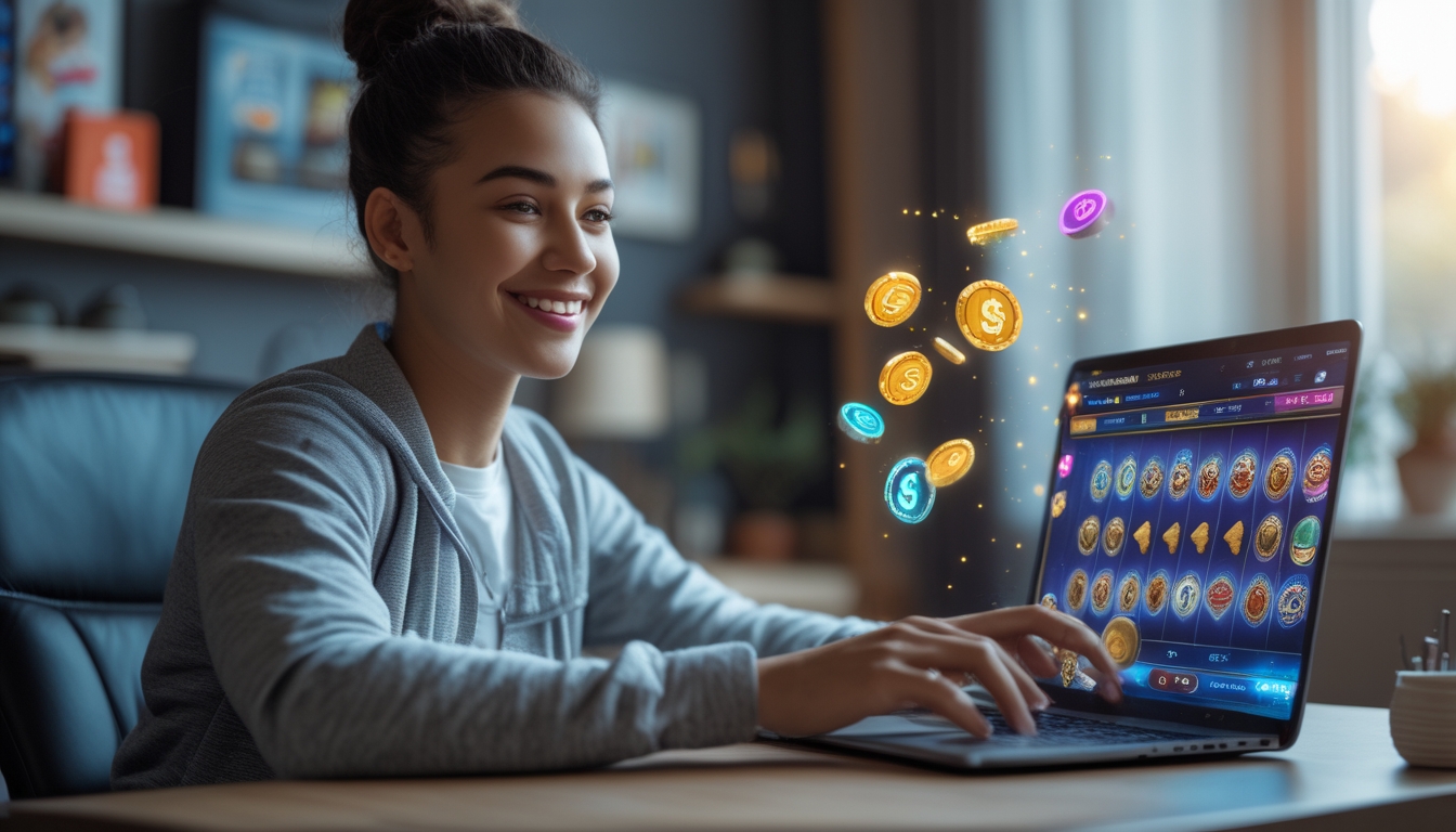 Seorang dewasa muda duduk di meja dengan laptop, bermain slot online dengan ekspresi fokus dan senang di ruangan yang nyaman.