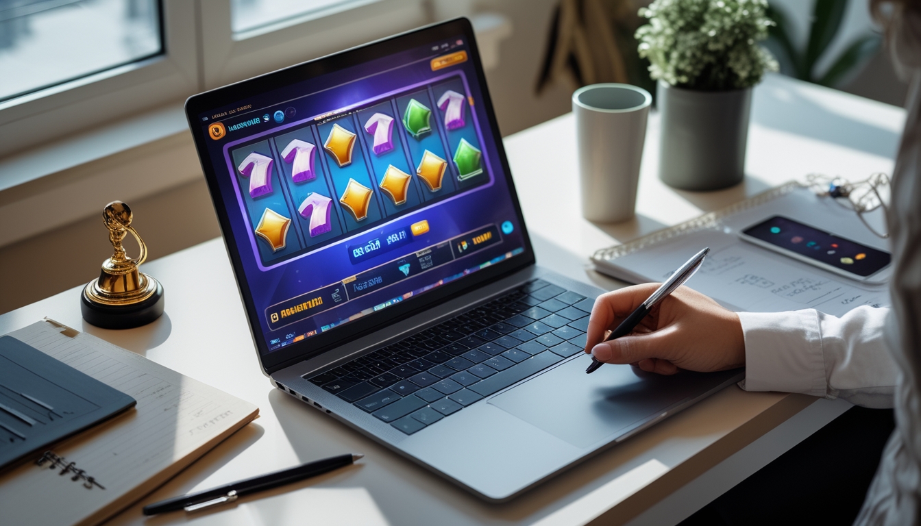 Meja kerja dengan laptop yang menampilkan permainan slot online, buku catatan dengan tulisan, dan ponsel di sampingnya.