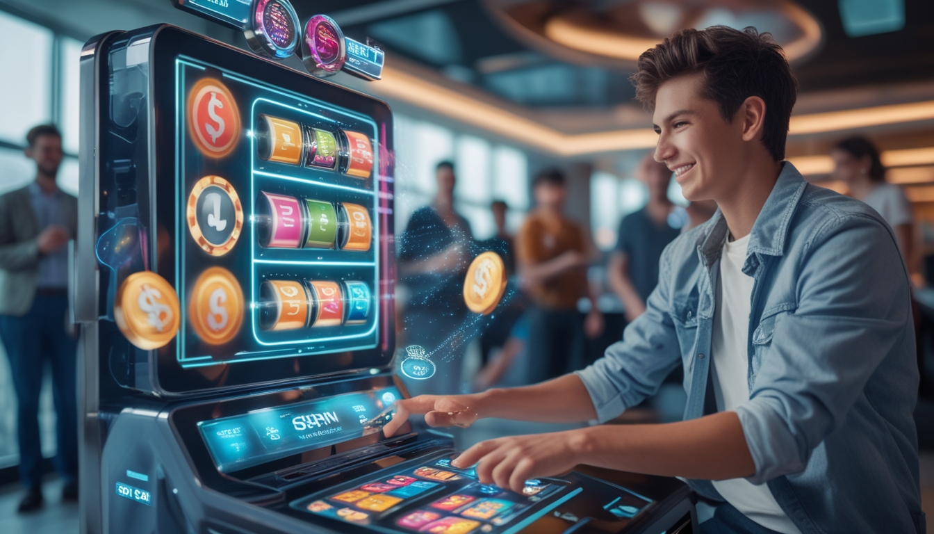 Orang-orang sedang bermain mesin slot digital modern dengan layar sentuh di ruang santai yang terang dan futuristik.