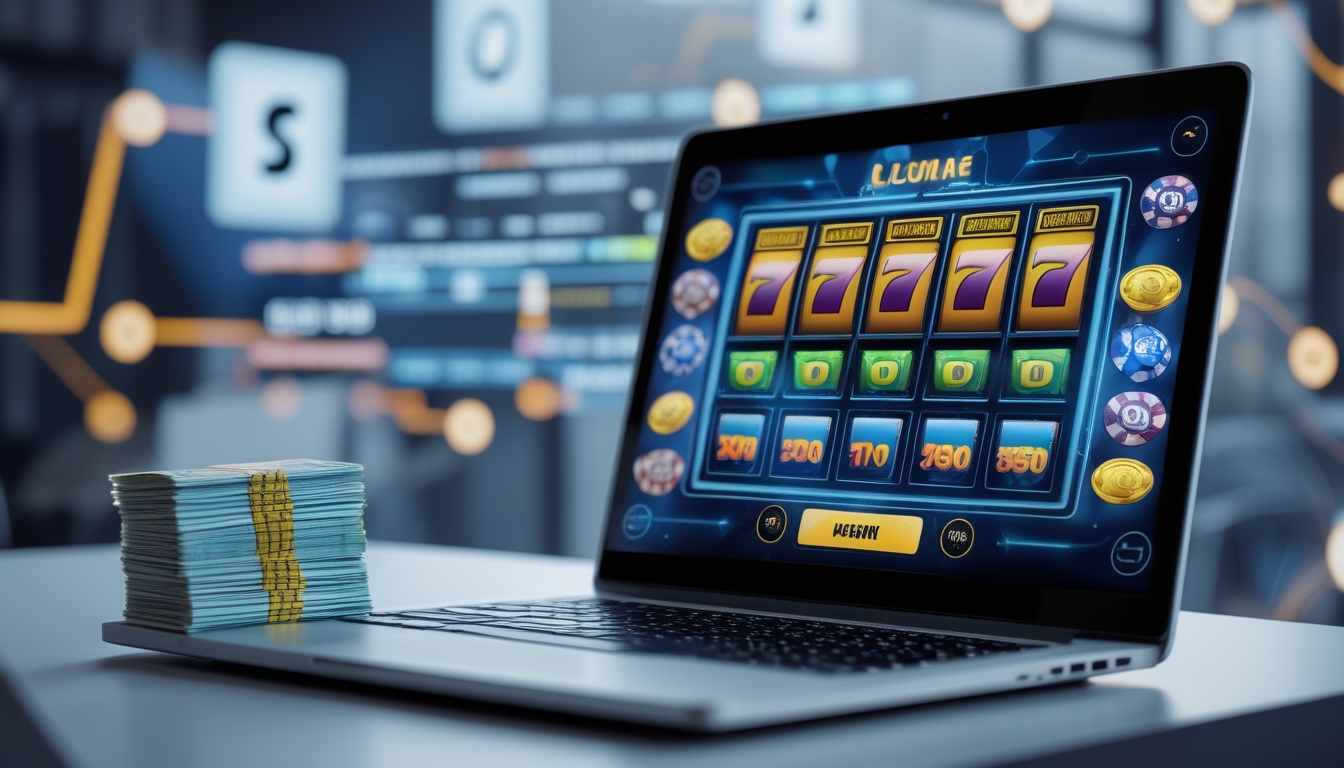 Meja kerja dengan laptop menampilkan permainan slot online dan tumpukan uang 25 ribu rupiah di sampingnya.