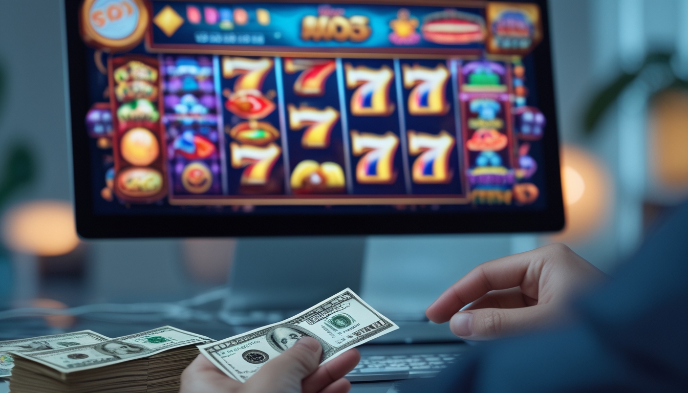 Seseorang bermain slot online di komputer dengan uang tunai di tangan di meja kerja.
