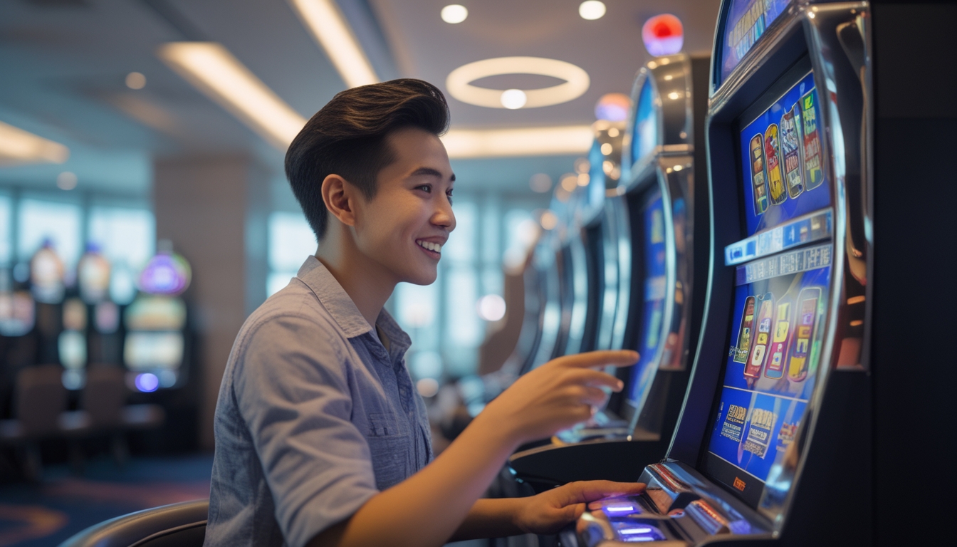 Seorang pemula bermain mesin slot di dalam kasino yang terang dan modern dengan ekspresi fokus dan antusias.