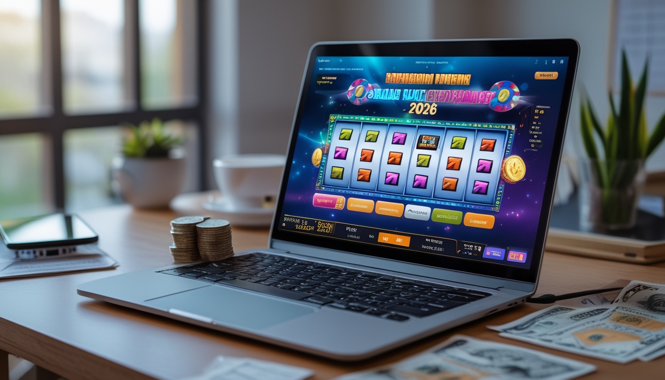 Meja kerja dengan laptop menampilkan permainan slot online, uang rupiah di samping, dan suasana fokus untuk strategi menang besar.