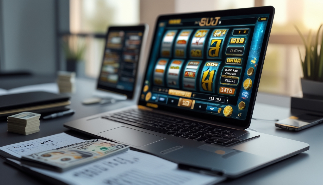 Meja kerja dengan laptop menampilkan permainan slot online, uang tunai 25 ribu rupiah, dan alat tulis di sekitar.