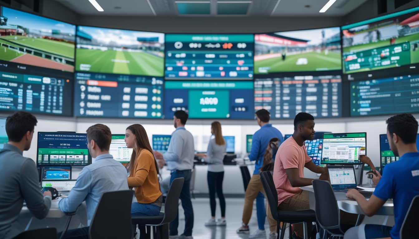 Orang-orang menggunakan perangkat digital di ruang sportsbook modern dengan layar besar yang menampilkan berbagai acara olahraga.