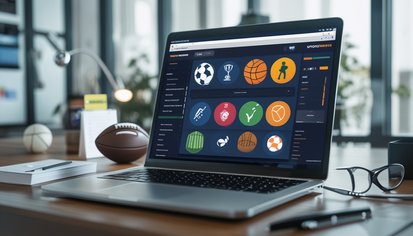 Meja kerja modern dengan laptop yang menampilkan situs sportsbook, dilengkapi dengan alat tulis dan memorabilia olahraga di latar belakang.