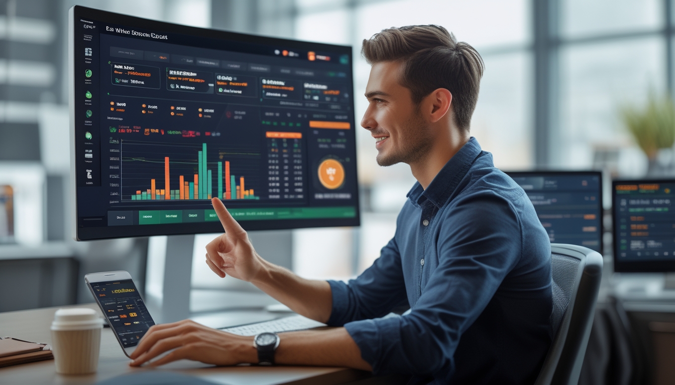 Seorang pria muda menggunakan komputer dengan tampilan situs sportsbook online di kantor modern.