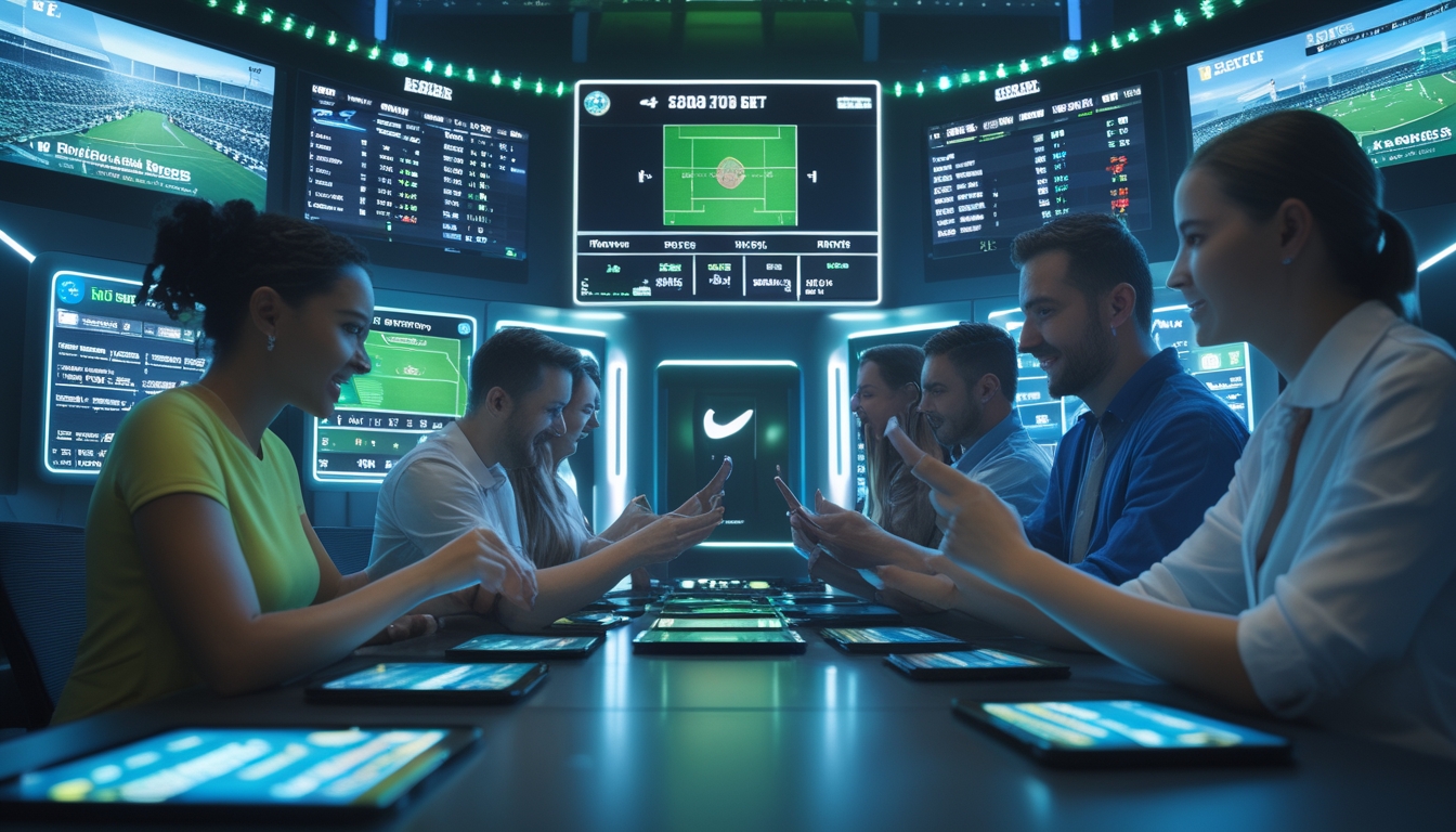 Beberapa orang fokus menggunakan perangkat digital untuk memasang taruhan olahraga secara langsung di sebuah ruang sportsbook modern dengan layar besar menampilkan pertandingan dan peluang taruhan.