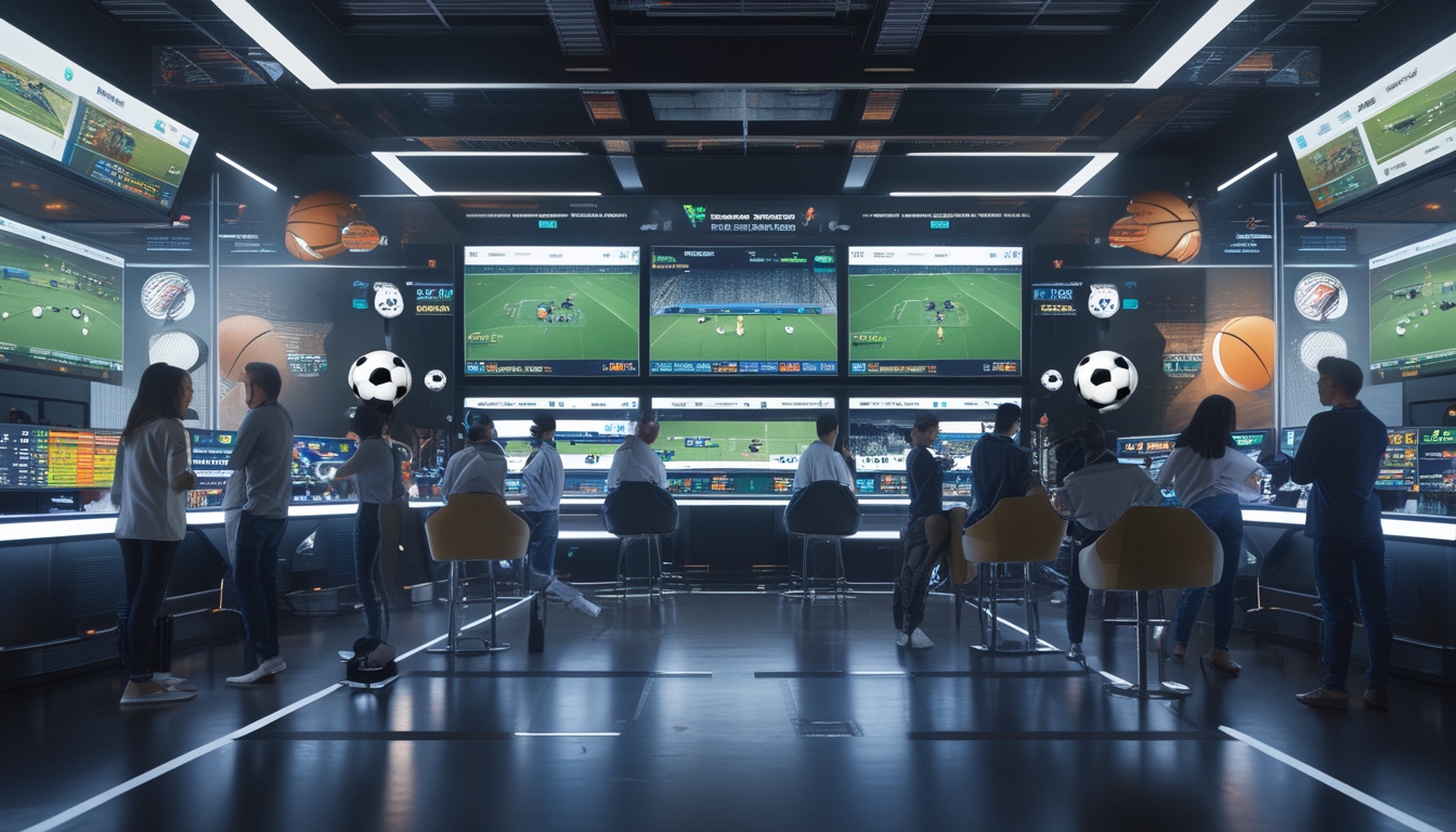 Orang-orang sedang berada di ruang sportsbook modern dengan layar besar menampilkan pertandingan sepak bola dan olahraga dunia, fokus pada taruhan dan analisis data.