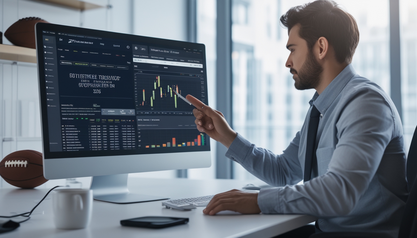 Seseorang sedang menganalisis data sportsbook di depan komputer di ruang kantor dengan cahaya alami.