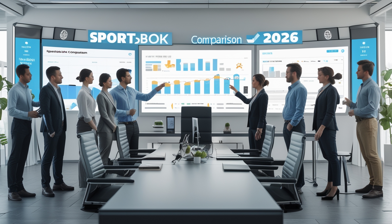 Sekelompok profesional bisnis sedang berdiskusi di ruang konferensi dengan layar digital besar yang menampilkan data dan grafik tentang sportsbook.