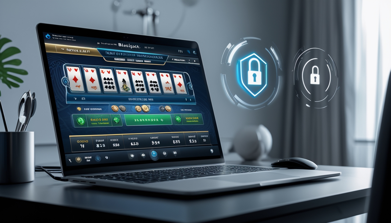 Seseorang sedang bermain blackjack online di komputer dengan suasana kerja yang rapi dan modern.
