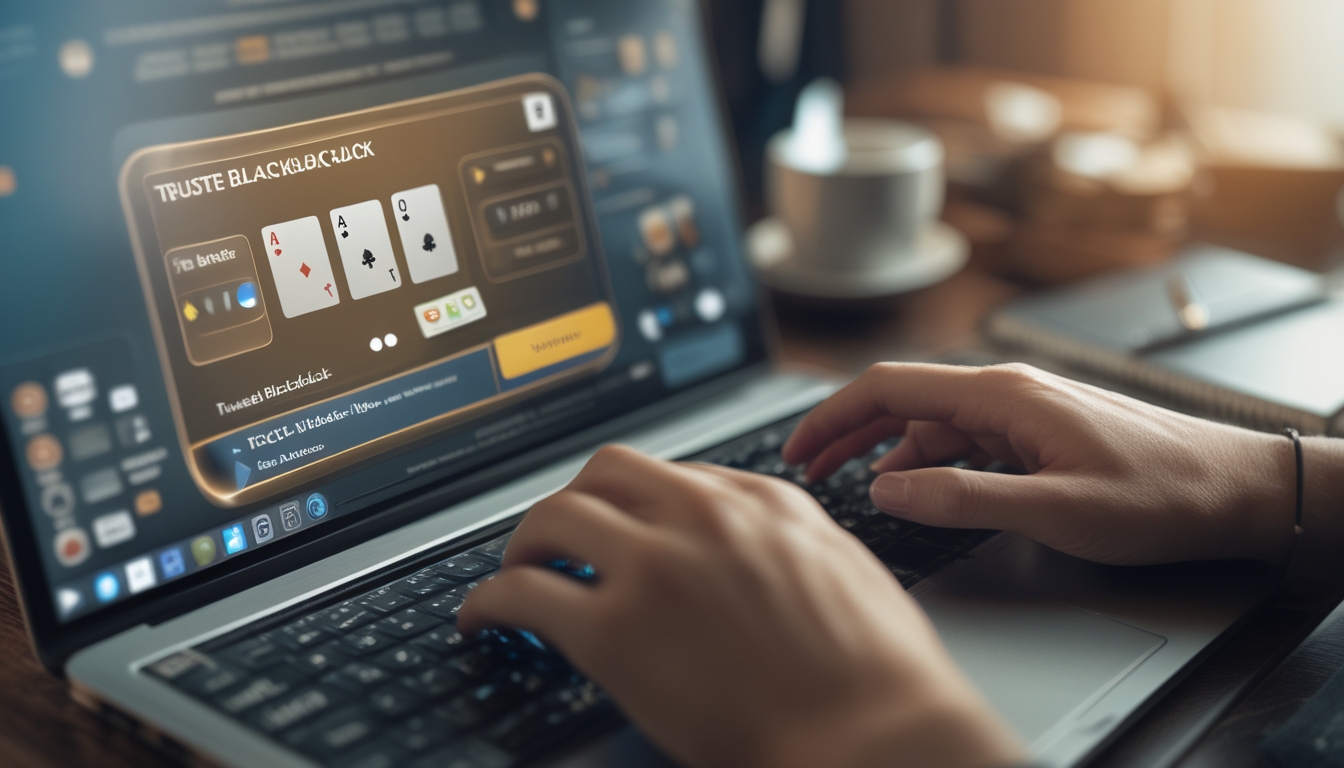 Seseorang bermain blackjack online di laptop dengan suasana ruang kerja yang nyaman dan modern.