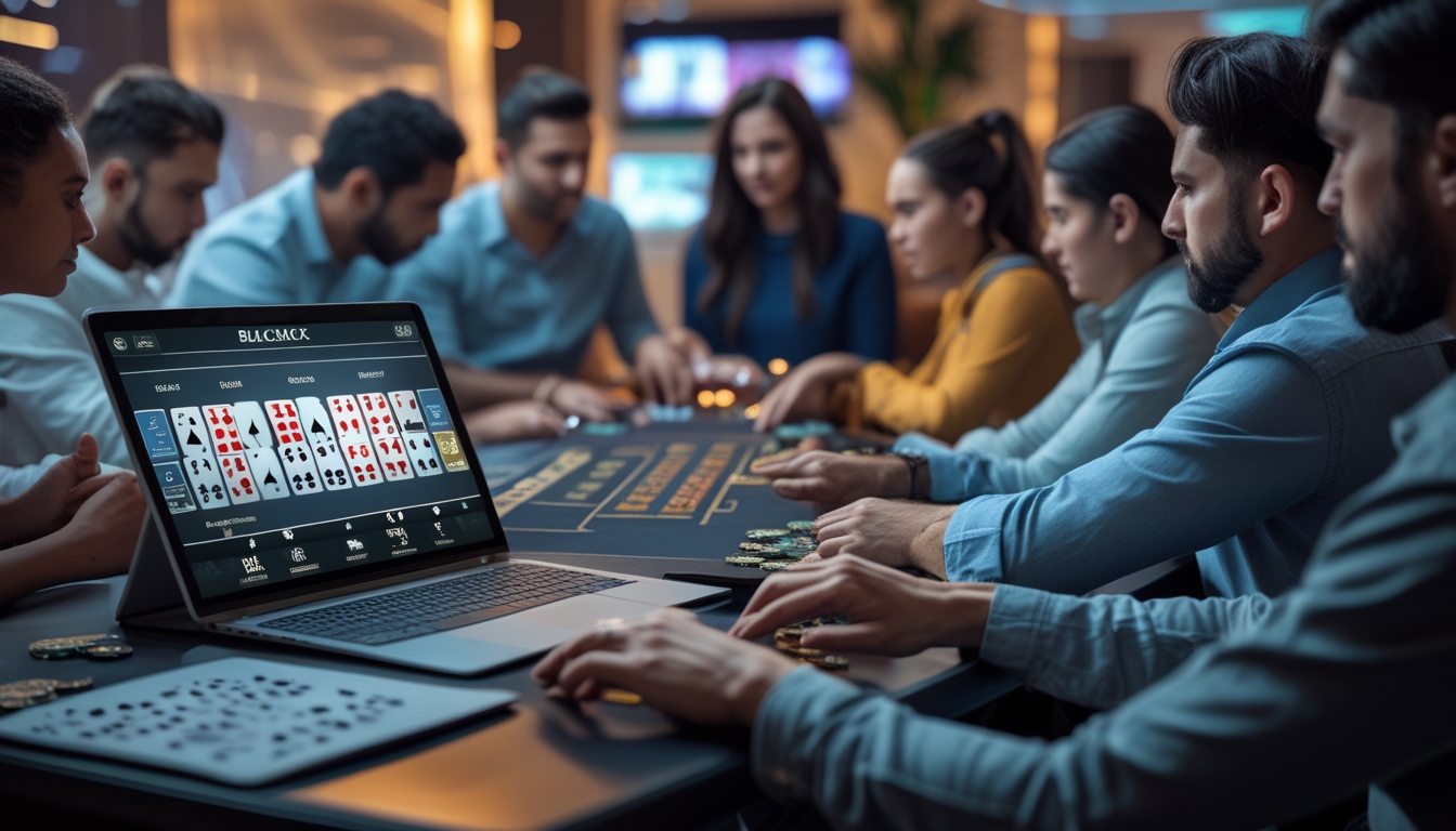 Sekelompok orang bermain blackjack online di sebuah ruangan dengan perangkat digital dan suasana nyaman.