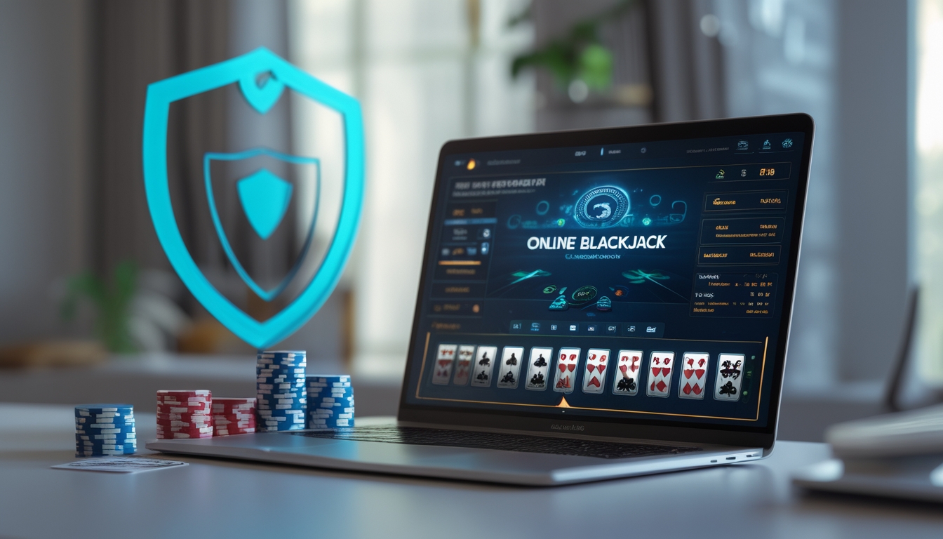 Seorang pemain sedang menggunakan komputer dengan permainan blackjack online yang terlihat di layar, di meja terdapat chip poker dan kartu remi.