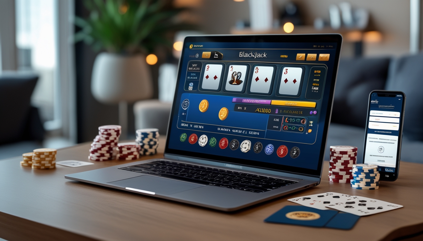 Seorang pengguna sedang bermain blackjack online di laptop dengan chip poker dan kartu di meja, di ruangan yang nyaman dan terang.