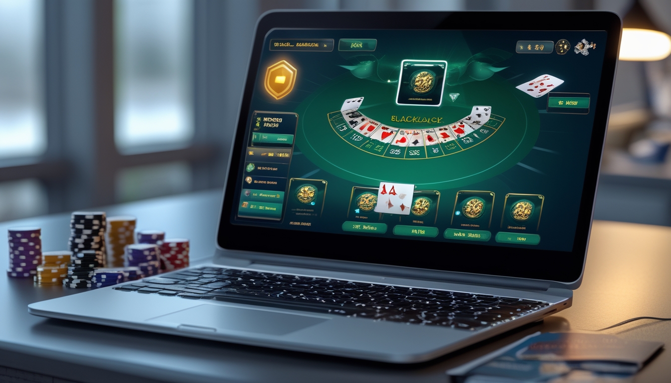 Sebuah komputer menampilkan permainan blackjack online dengan kartu dan chip di meja, menunjukkan suasana permainan kasino online yang terpercaya.
