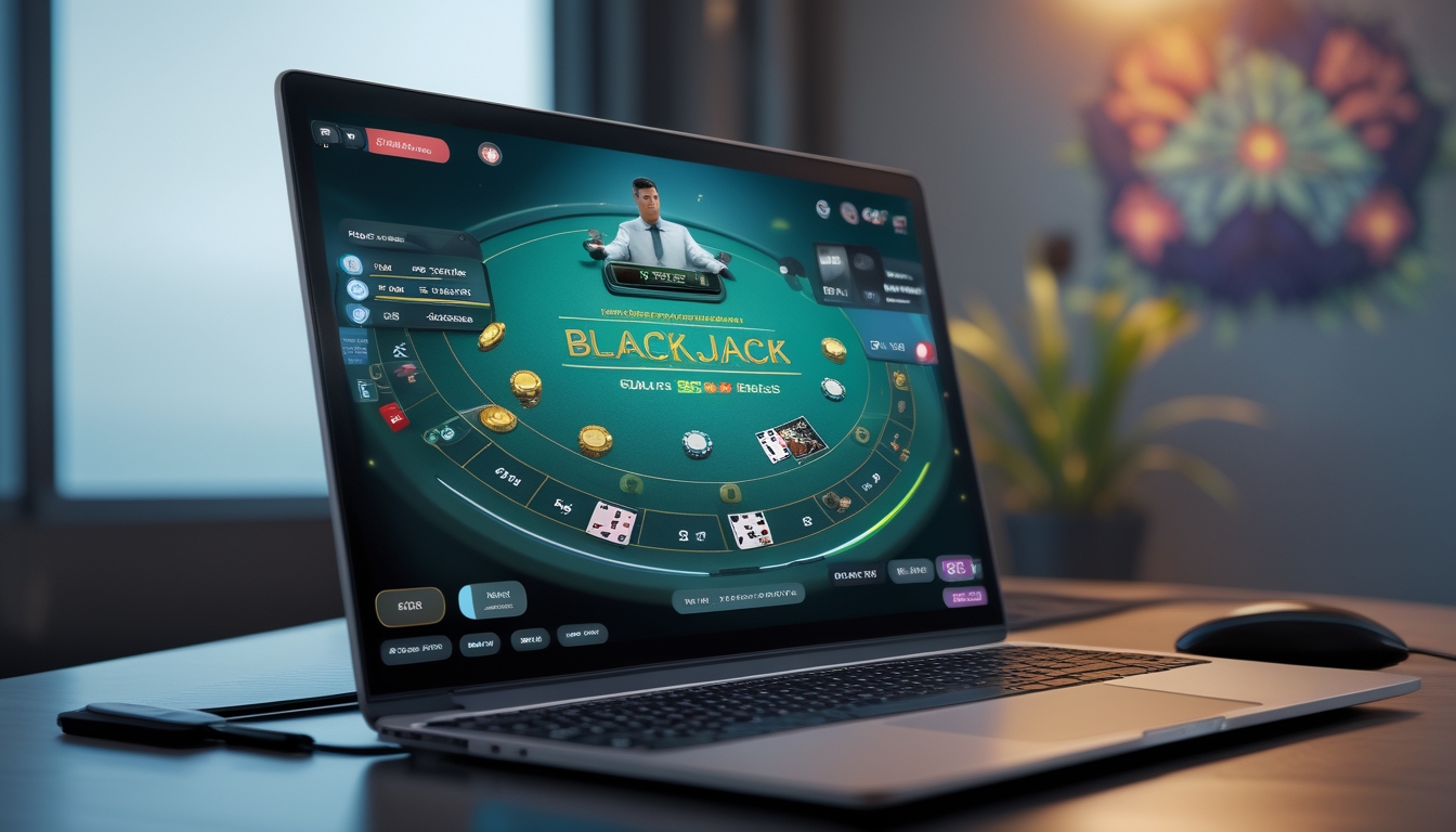 Seseorang menggunakan komputer dengan tampilan permainan blackjack online yang aman dan terpercaya di lingkungan kerja yang rapi.