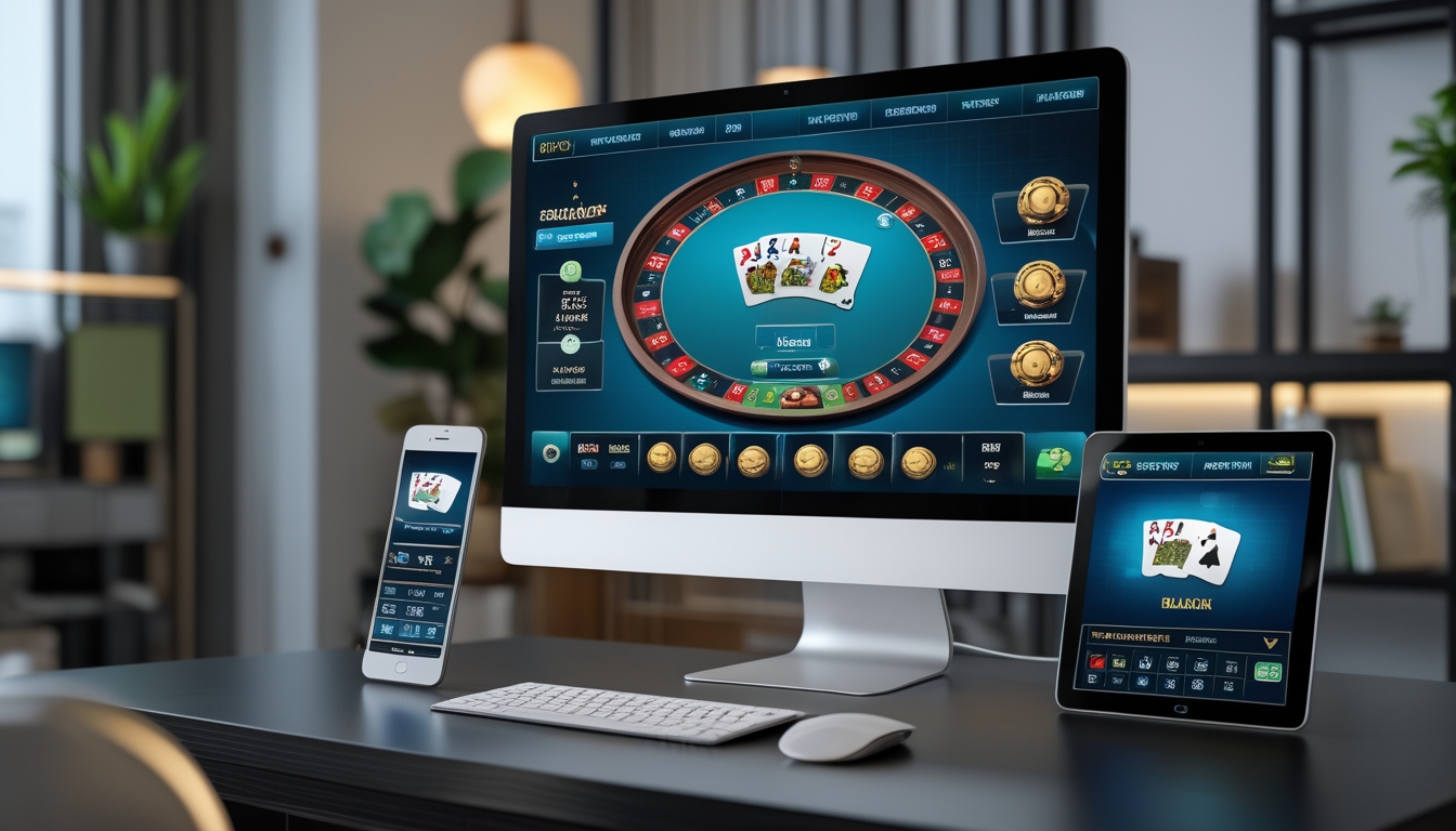 Meja komputer modern dengan monitor, ponsel, dan tablet yang menampilkan permainan blackjack online.