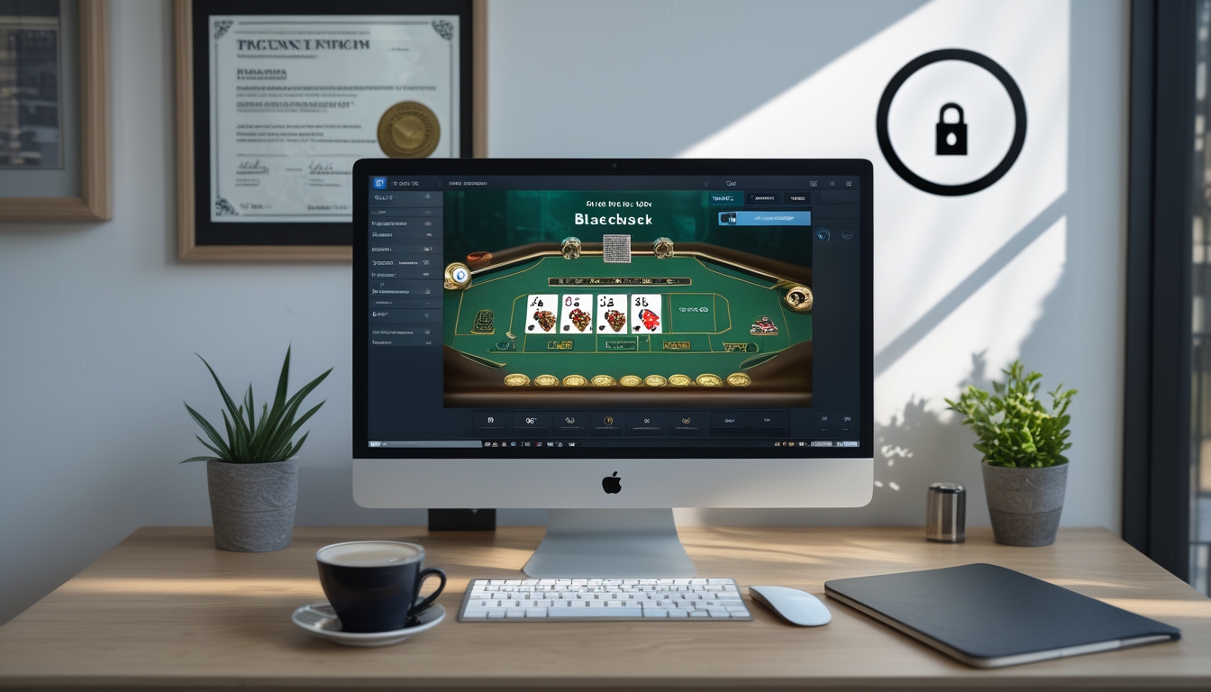 Seorang pemain duduk di depan komputer yang menampilkan permainan blackjack online dengan suasana yang rapi dan profesional.