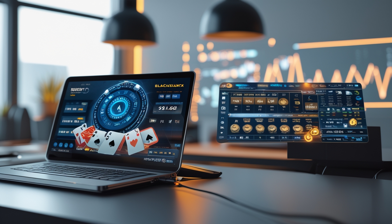 Sebuah meja blackjack digital modern dengan kartu dan chip terlihat jelas di layar komputer dalam suasana ruang kerja yang bersih dan minimalis.