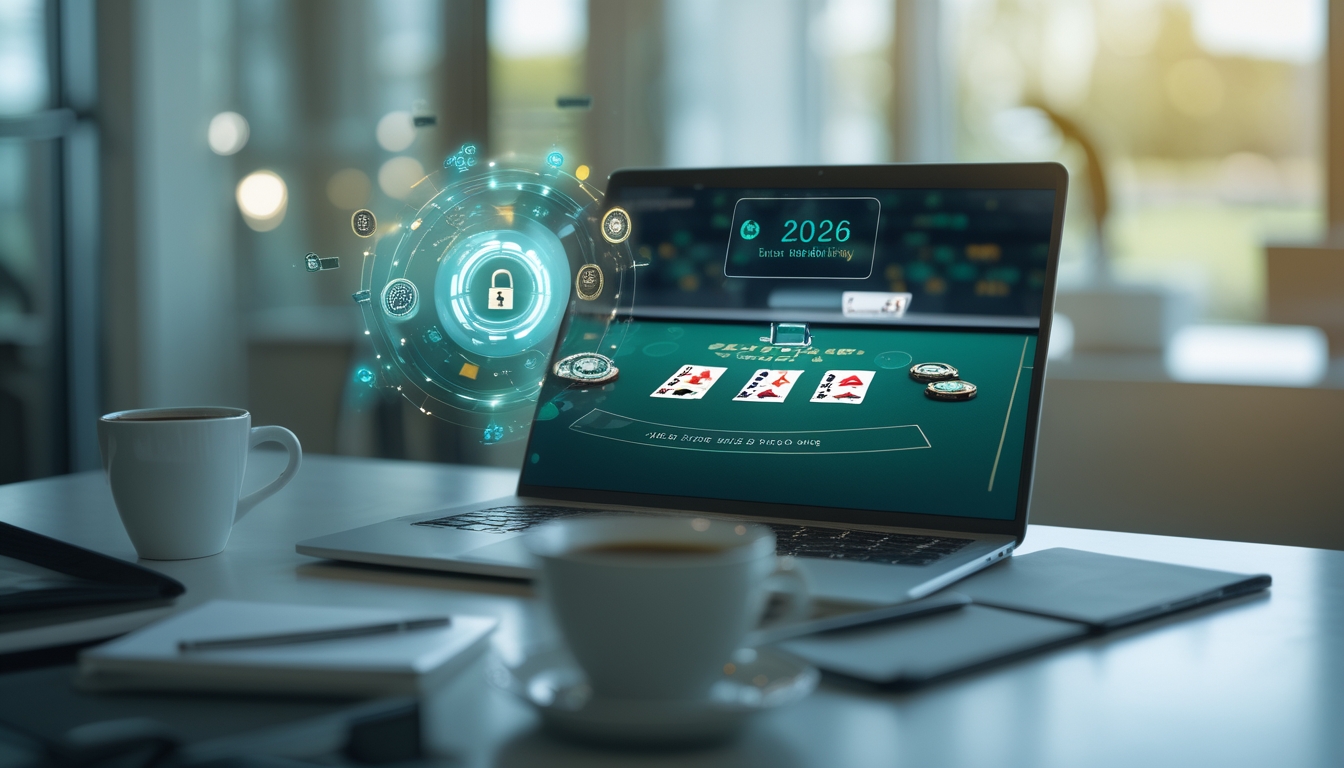 Seorang pengguna sedang bermain blackjack online di laptop dengan tampilan meja kartu dan chip, di lingkungan kerja yang rapi dan profesional.