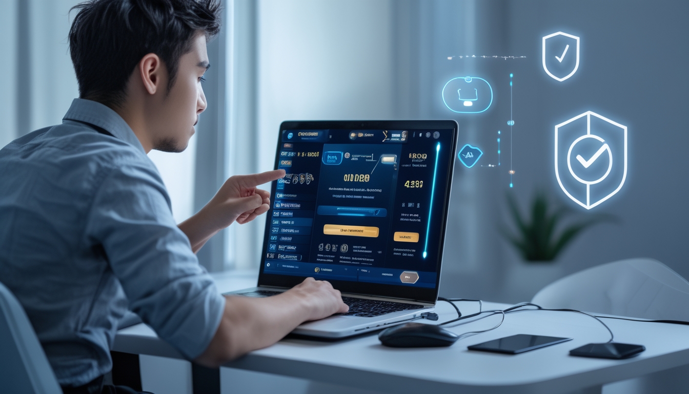 Seorang dewasa muda duduk di meja dengan laptop yang menampilkan permainan blackjack online, menunjukkan suasana memilih situs blackjack terpercaya.