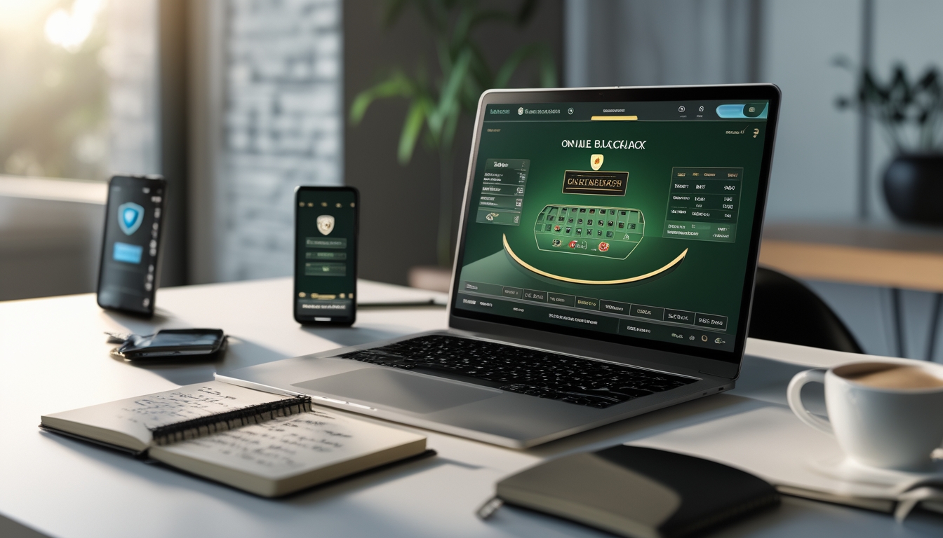 Meja kerja dengan laptop yang menampilkan permainan blackjack online, smartphone, buku catatan, dan secangkir kopi di ruangan yang terang.