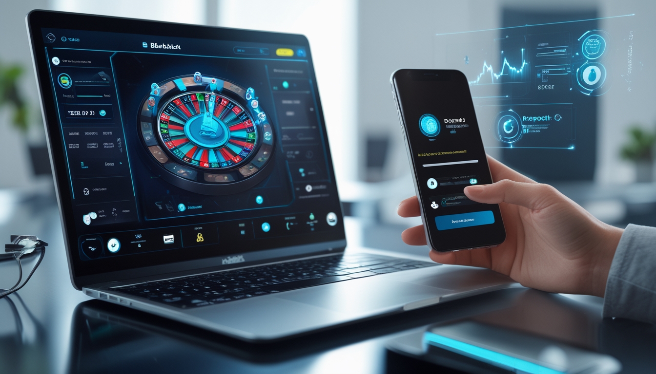 Seorang pengguna sedang bermain blackjack online di laptop dengan smartphone di sampingnya yang menunjukkan transaksi cepat, di ruang kerja modern.