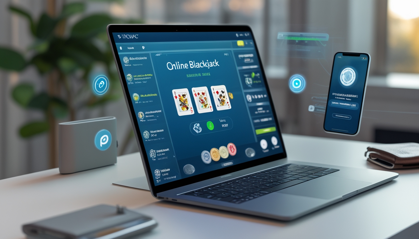 Sebuah meja dengan komputer menampilkan permainan blackjack online, dengan ikon transaksi digital dan ponsel yang menunjukkan konfirmasi penarikan cepat.