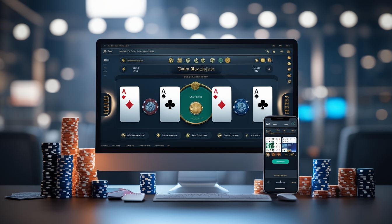 Meja kerja modern dengan komputer menampilkan permainan blackjack online, kartu remi, dan chip poker.
