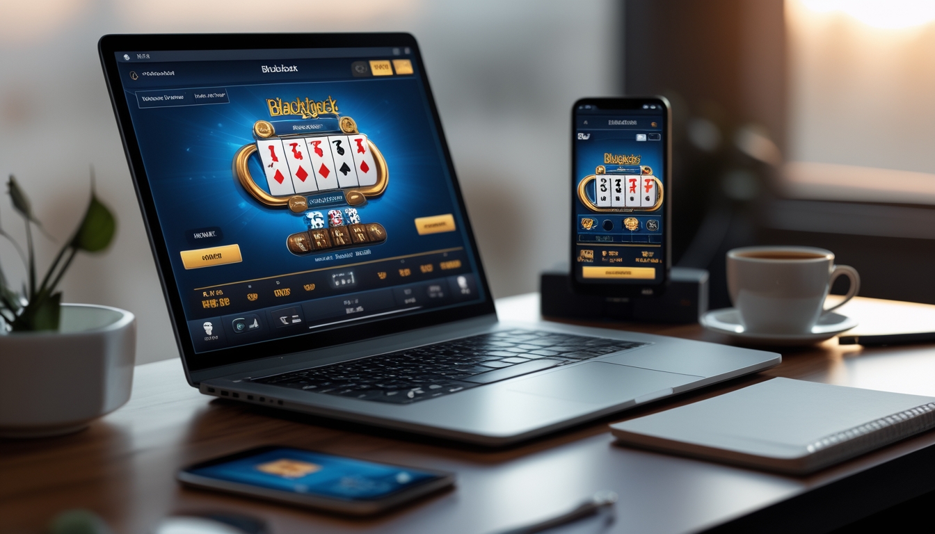 Seorang pengguna sedang bermain blackjack online di laptop dengan kartu dan chip terlihat di layar, di meja juga terdapat ponsel, kopi, dan buku catatan.