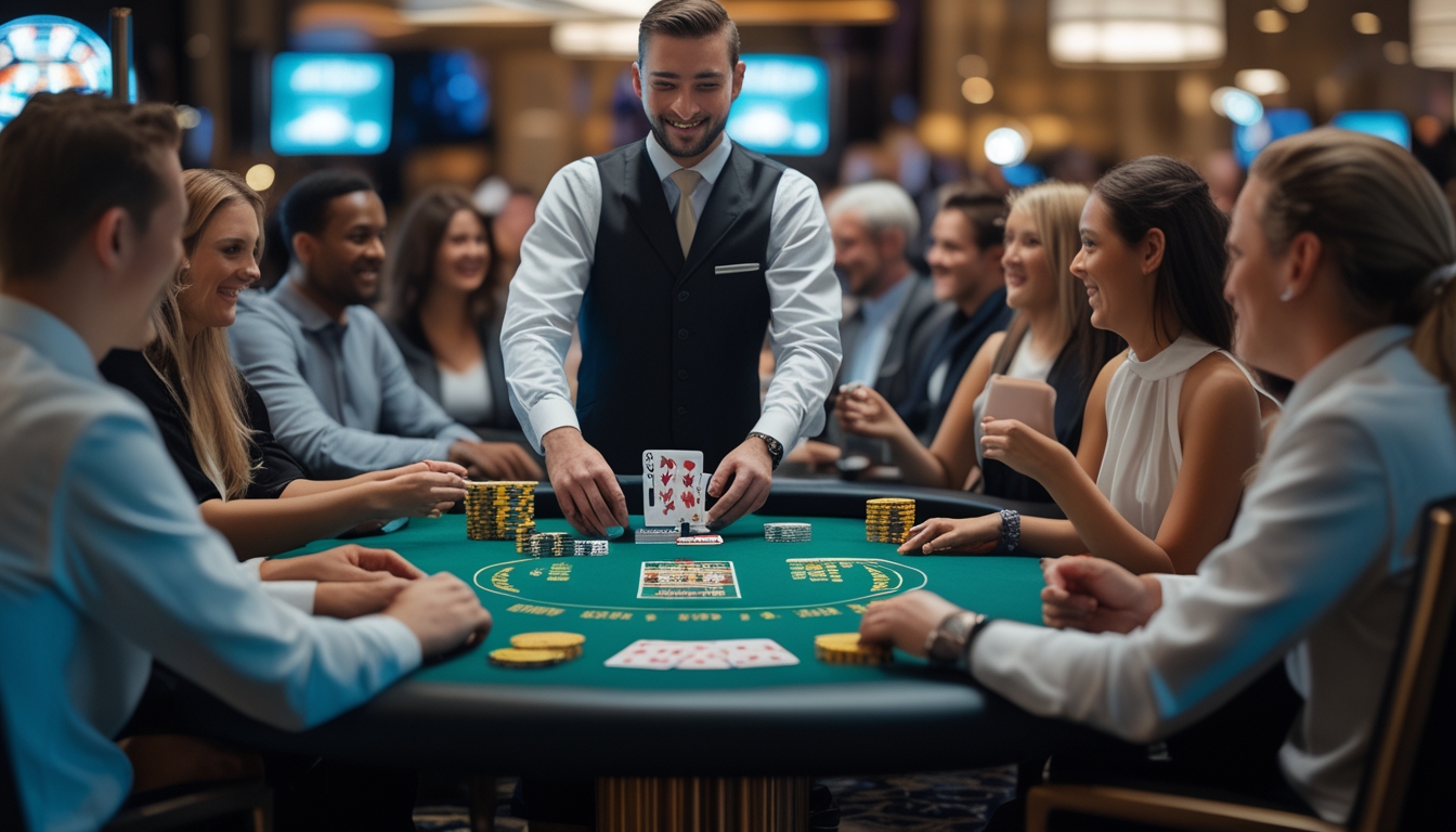 Seorang dealer dan beberapa pemain duduk di meja blackjack di kasino yang ramai dengan suasana yang hidup dan cerah.