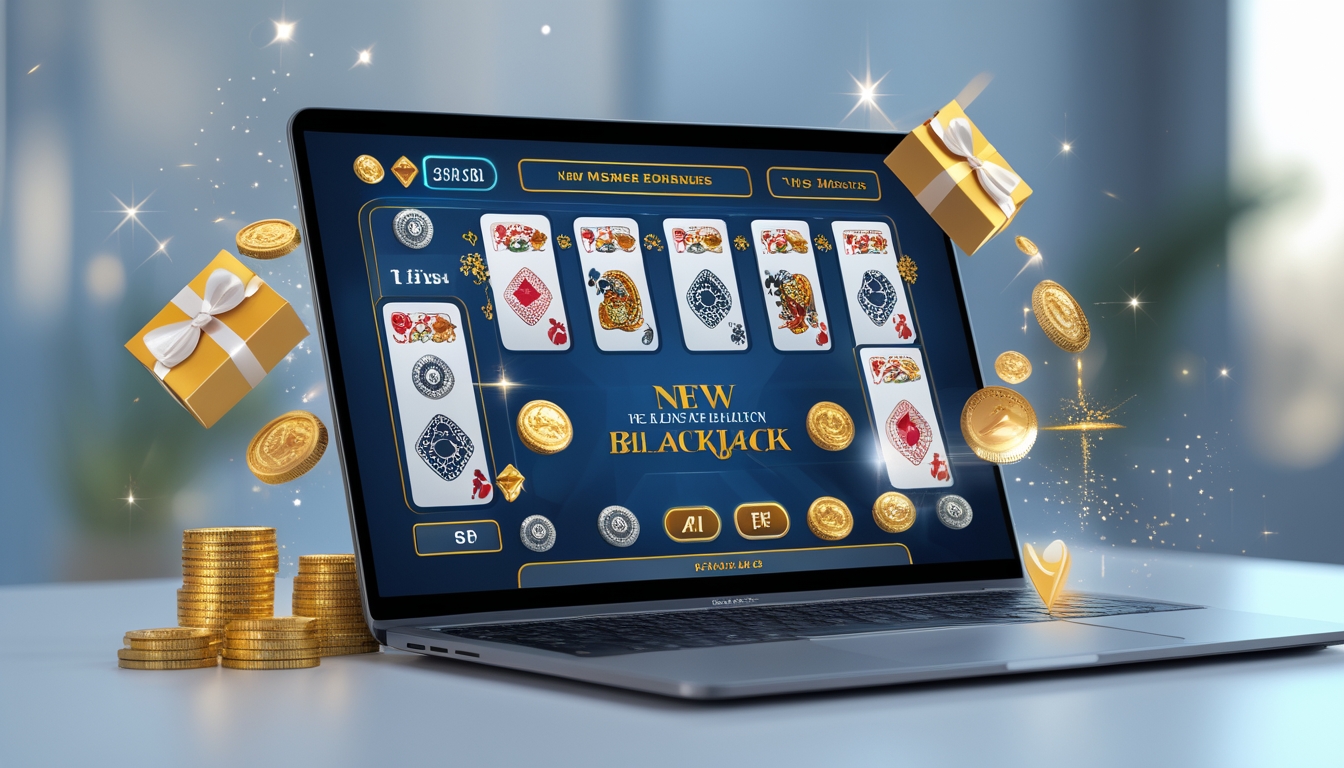 Seorang pengguna sedang bermain blackjack online di komputer dengan tampilan antarmuka permainan dan simbol bonus di sekitar layar.
